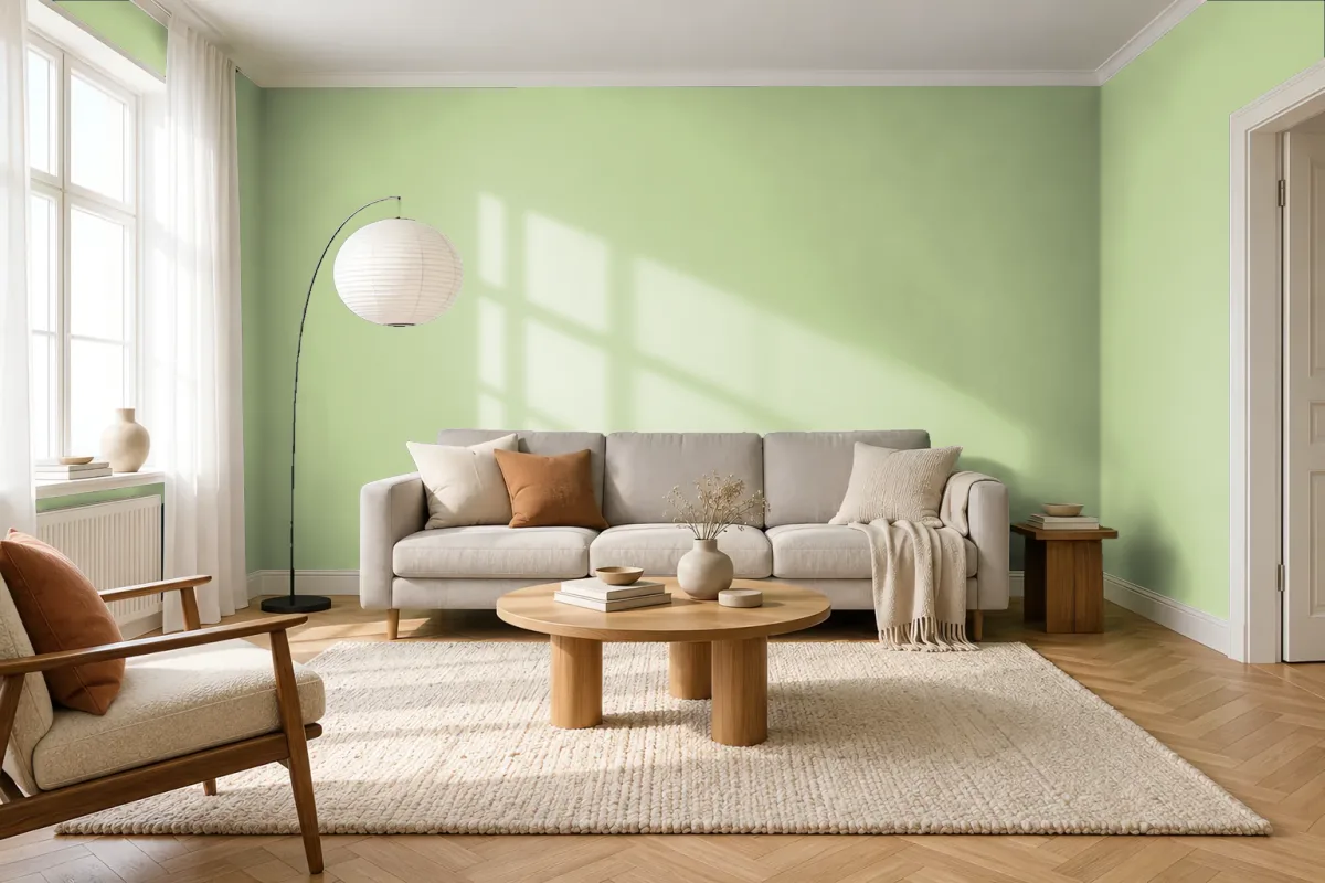 Краска PANTONE 577 C — гостиная в скандинавском стиле