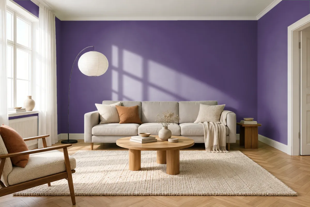 Краска PANTONE 269 C — гостиная в скандинавском стиле