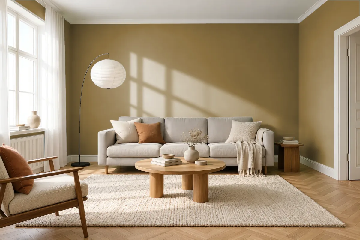 Краска PANTONE 1265 C — гостиная в скандинавском стиле