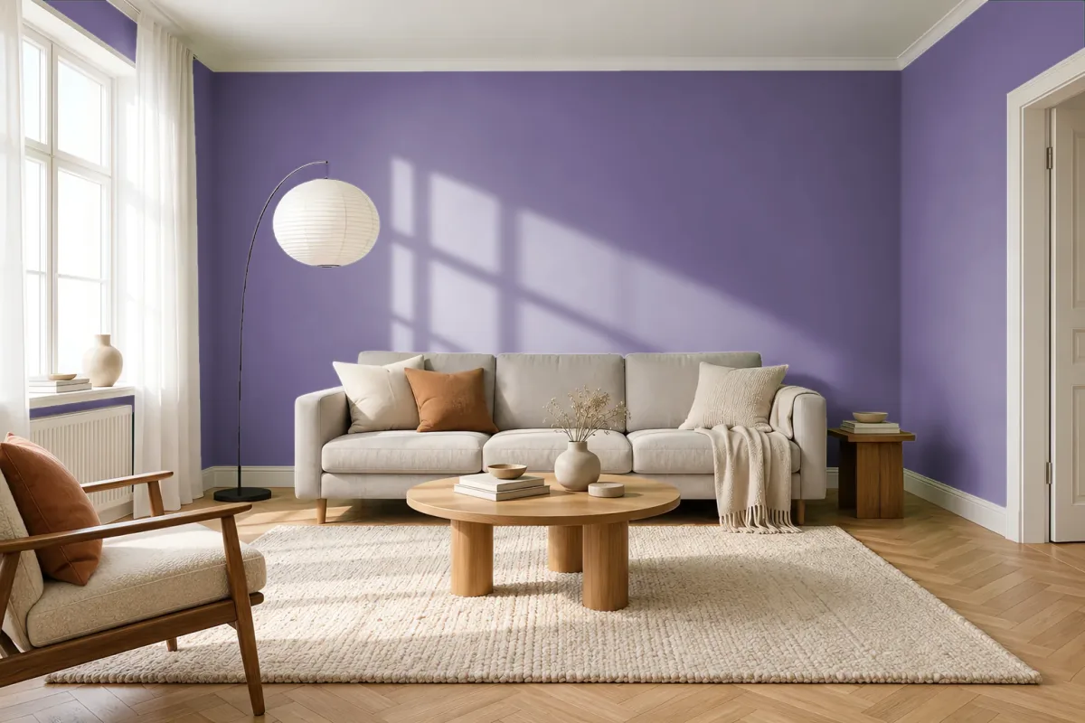 Краска PANTONE 668 C — гостиная в скандинавском стиле