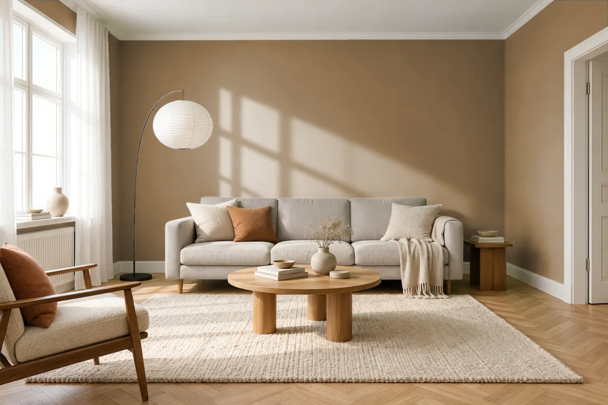 Краска по дереву Swiss Lake Covering Wood Protector RAL 8000 зелено-коричневый — гостиная в скандинавском стиле
