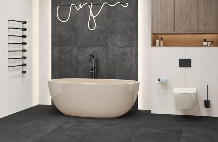 Artkera Group Керамогранит GP6060MIM99M Microcement Black матовый 600х600x9.5 в интерьере