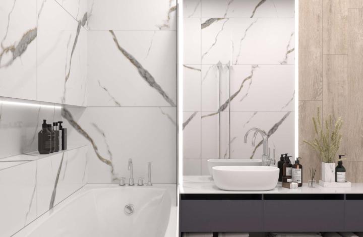 Laparet Golden White Statuario Керамогранит 60х120 Полированный в интерьере
