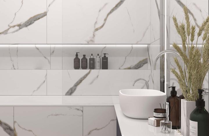 Laparet Golden White Statuario Керамогранит 60х120 Полированный в интерьере