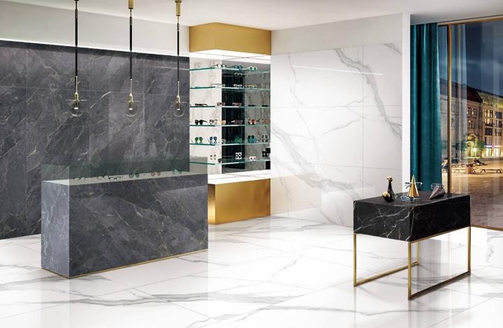 Полированный Marble Mosaic Керамогранит Calacatta Infinity Pol (рисунок соединяется до бесконечности A+B+C+D+E+F) 90х180 в интерьере