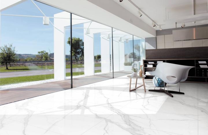 Полированный Marble Mosaic Керамогранит Calacatta Infinity Pol (рисунок соединяется до бесконечности A+B+C+D+E+F) 90х180 в интерьере