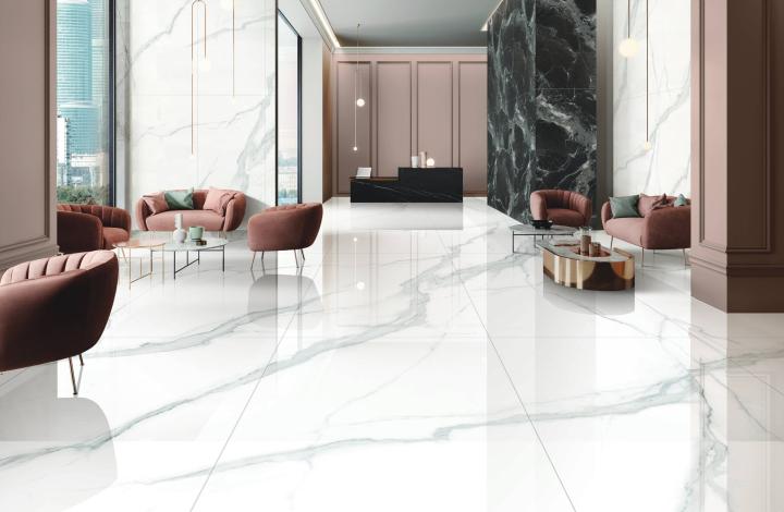 Полированный Marble Mosaic Керамогранит Calacatta Infinity Pol (рисунок соединяется до бесконечности A+B+C+D+E+F) 60х120 в интерьере