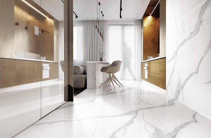 Матовый Marble Mosaic Керамогранит Calacatta Infinity Mat (рисунок соединяется до бесконечности A+B+C+D+E+F) 60х120 в интерьере