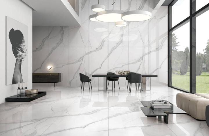 Полированный Marble Mosaic Керамогранит Calacatta Infinity Pol (рисунок соединяется до бесконечности A+B+C+D+E+F) 90х180 в интерьере