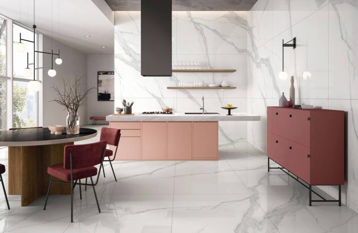 Матовый Marble Mosaic Керамогранит Calacatta Infinity Mat (рисунок соединяется до бесконечности A+B+C+D+E+F) 60х120 в интерьере