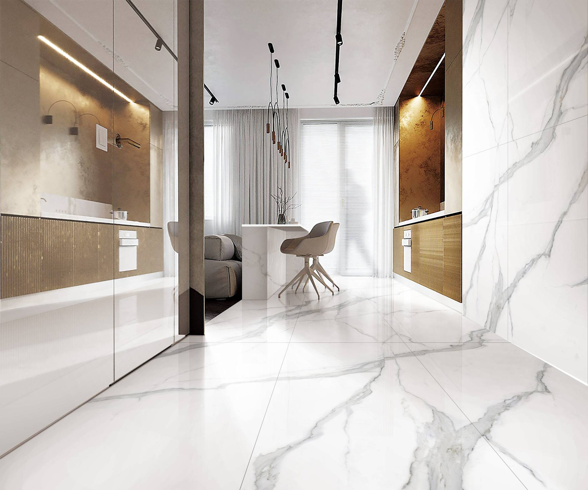 Матовый Marble Mosaic Керамогранит Calacatta Infinity Mat (рисунок соединяется до бесконечности A+B+C+D+E+F) 60х120 в интерьере
