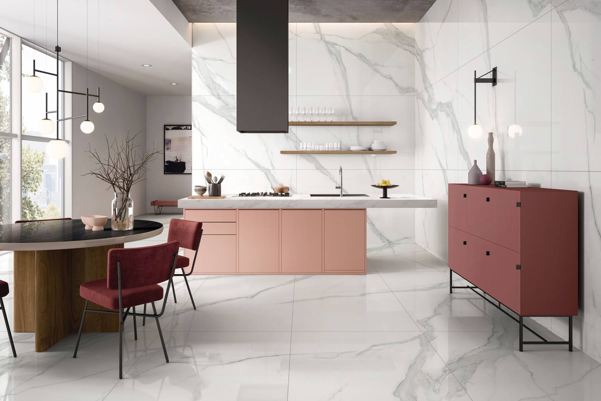Матовый Marble Mosaic Керамогранит Calacatta Infinity Mat (рисунок соединяется до бесконечности A+B+C+D+E+F) 60х120 в интерьере