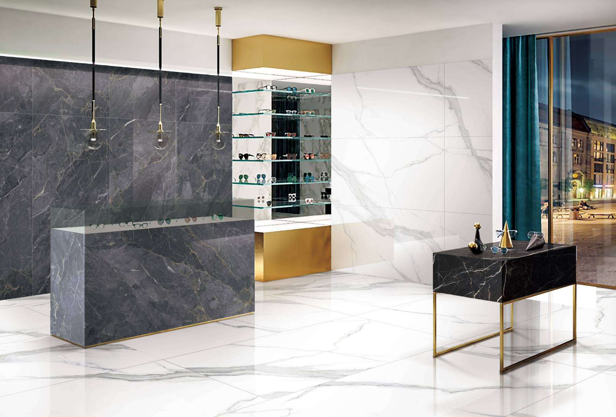 Полированный Marble Mosaic Керамогранит Calacatta Infinity Pol (рисунок соединяется до бесконечности A+B+C+D+E+F) 90х180 в интерьере