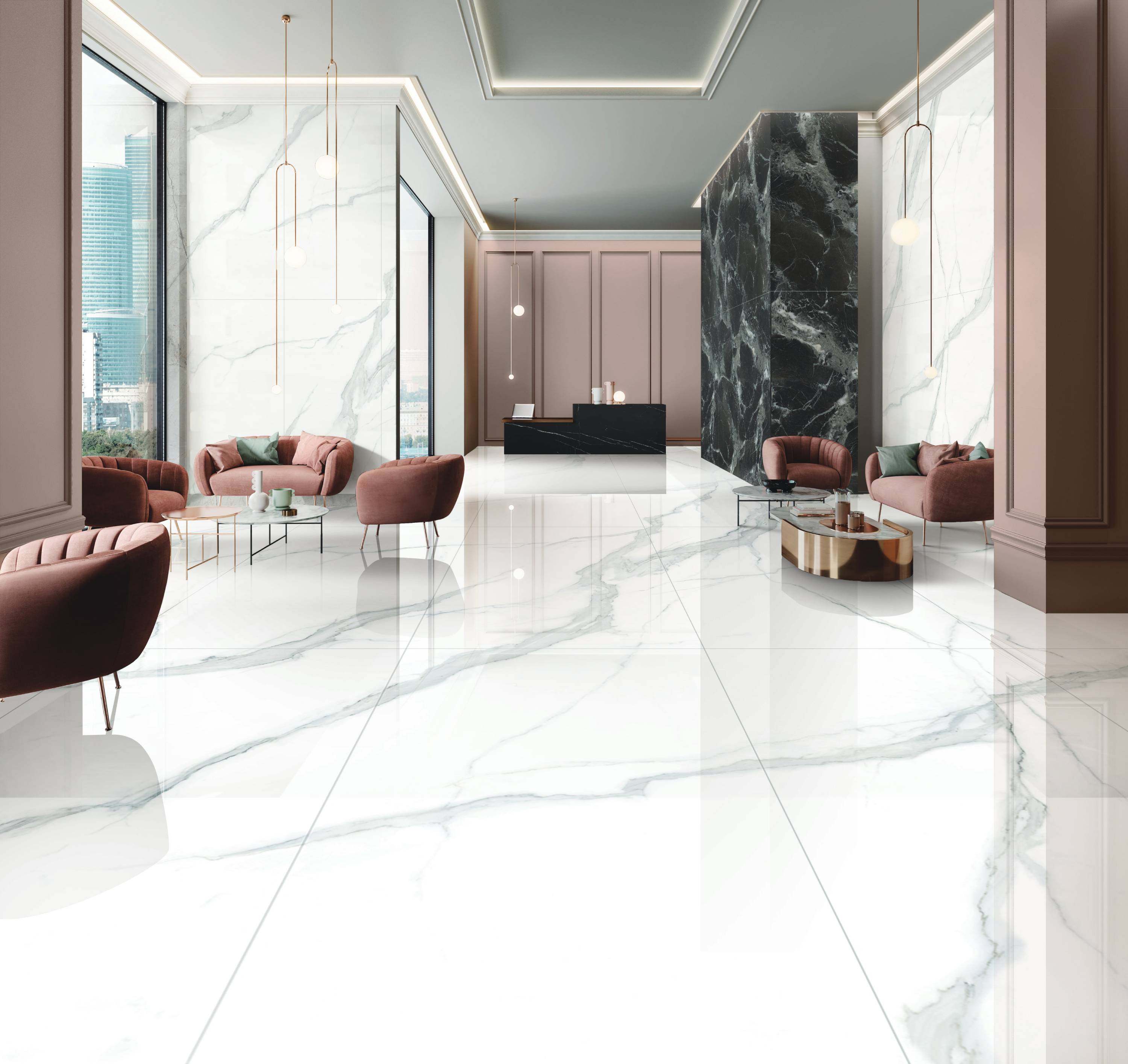 Полированный Marble Mosaic Керамогранит Calacatta Infinity Pol (рисунок соединяется до бесконечности A+B+C+D+E+F) 90х180 в интерьере