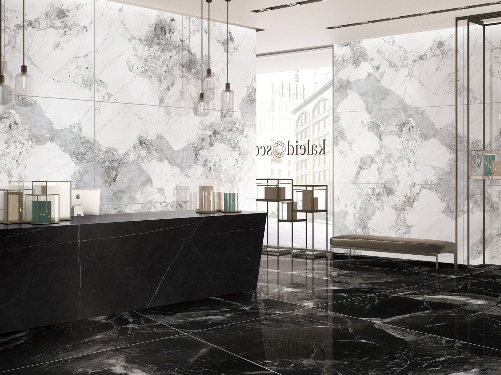 Полированный Marble Mosaic Керамогранит Elegant Black Pol 90х180 в интерьере