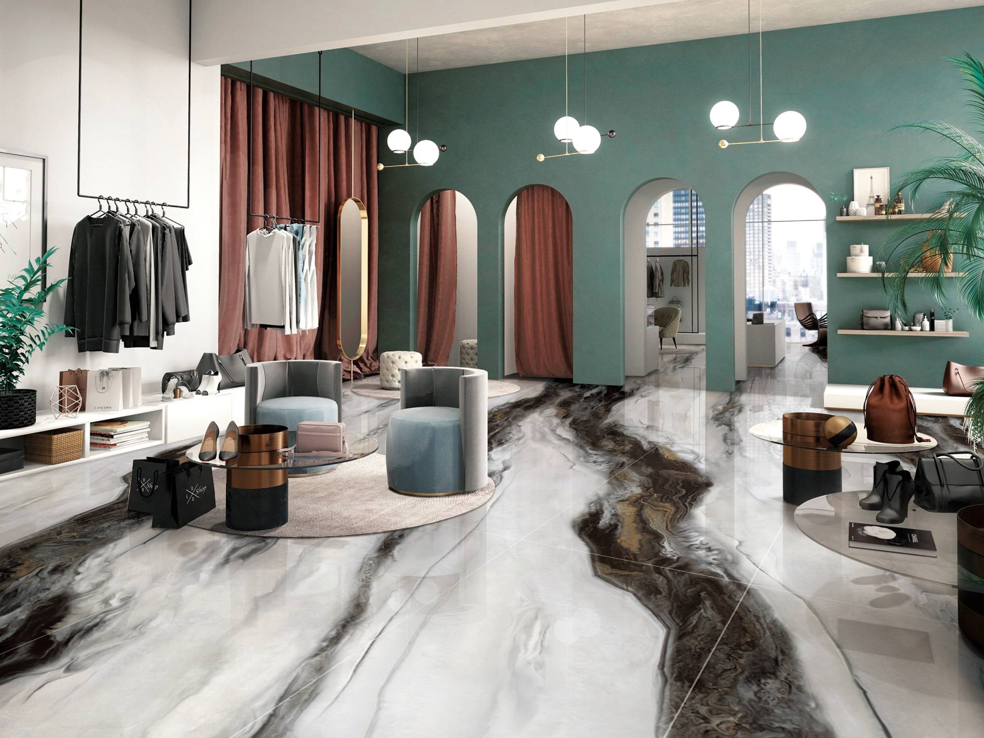 Полированный Marble Mosaic Керамогранит Magic Smoke Pol 90х180 в интерьере