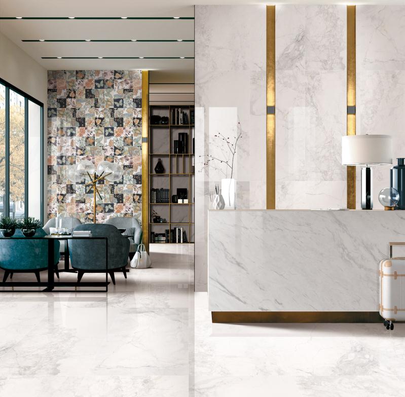 Полированный Marble Mosaic Senine Керамогранит Royal Pearl Pol 60х120 в интерьере